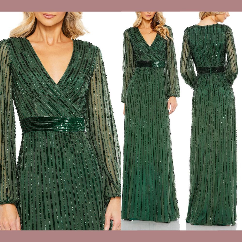 NWT Mac Duggal [ 12 ] 5718 Sequined‎ Wrap Over Puff Sleeve Gown Dark Green S1402